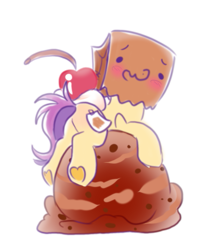 Size: 657x736 | Tagged: safe, artist:paperbagpony, artist:star_theft, imported from derpibooru, oc, oc:paper bag, pony, base used, blushing, butt, cherry, fake cutie mark, food, ice cream, looking back, plot, simple background, white background