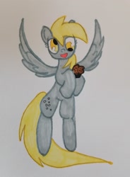 Size: 2294x3122 | Tagged: safe, artist:369treatment, imported from derpibooru, derpy hooves, pegasus, pony, cute, flying, food, happy, holding a muffin, muffin, smiling, solo, traditional art, wings