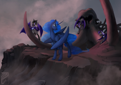 Size: 1500x1061 | Tagged: safe, artist:casynuf, imported from derpibooru, princess luna, alicorn, bat pony, pony, 2015, colored hooves, crossover, disney, disney style, eye scar, female, hooves, large wings, male, mare, night guard, scar, stallion, style emulation, the lion king, wings