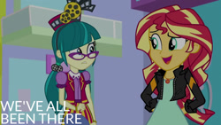 Size: 1280x720 | Tagged: safe, edit, edited screencap, editor:quoterific, imported from derpibooru, screencap, juniper montage, sunset shimmer, human, equestria girls, mirror magic, spoiler:eqg specials, clothes, duo, duo female, female, geode of empathy, jacket, jewelry, leather, leather jacket, magical geodes, necklace, open mouth, open smile, smiling, text