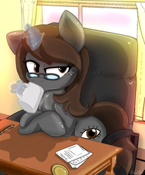 Size: 999x1199 | Tagged: safe, artist:malachimoet, imported from derpibooru, oc, oc:sonata, pony, unicorn, chair, drinking, looking at you, office, office chair, solo, turnabout storm