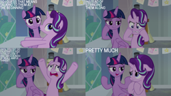 Size: 1280x720 | Tagged: safe, edit, edited screencap, editor:quoterific, imported from derpibooru, screencap, starlight glimmer, twilight sparkle, alicorn, pony, unicorn, a horse shoe-in, season 9, spoiler:s09, duo, duo female, female, floppy ears, frown, hoof on cheek, hoof on chest, hooves on cheeks, mare, open mouth, open smile, school of friendship, sitting, smiling, teeth, text, twilight sparkle (alicorn)