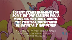 Size: 1280x720 | Tagged: safe, edit, editor:quoterific, idw, imported from derpibooru, fluttershy, pinkie pie, earth pony, pegasus, pony, duo, female, mare, open mouth, open smile, pony's treasure, smiling, text