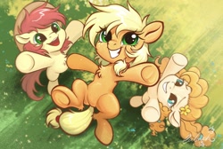 Size: 2048x1378 | Tagged: safe, artist:paipaishuaige, imported from derpibooru, applejack, bright mac, pear butter, earth pony, pony, brightabetes, buttercup, chest fluff, cute, daaaaaaaaaaaw, father and child, father and daughter, female, filly, filly applejack, flower, flower in hair, grin, happy, hat, jackabetes, male, mare, mother and child, mother and daughter, pearabetes, smiling, stallion, weapons-grade cute, younger