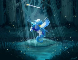 Size: 2048x1601 | Tagged: safe, artist:paipaishuaige, imported from derpibooru, oc, oc only, pegasus, pony, crepuscular rays, forest, obtrusive watermark, solo, sword, watermark, weapon