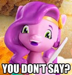 Size: 450x466 | Tagged: safe, edit, imported from derpibooru, pipp petals, pegasus, pony, caption, cropped, derp, g5, image macro, meme, open mouth, reaction image, solo, text, toy, you don't say