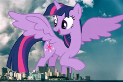 Size: 3812x2541 | Tagged: safe, artist:cloudy glow, artist:thegiantponyfan, imported from derpibooru, twilight sparkle, alicorn, pony, cuba, female, giant alicorn, giant pony, giantess, havana, high res, highrise ponies, irl, looking back, macro, mare, mega giant, mega twilight sparkle, open mouth, photo, ponies in real life, raised hoof, smiling, solo, spread wings, twilight sparkle (alicorn), twizilla, wings