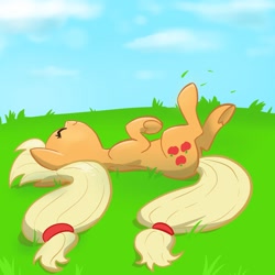 Size: 2048x2048 | Tagged: safe, artist:pfeffaroo, imported from derpibooru, applejack, earth pony, pony, cute, grass, happy, horses doing horse things, jackabetes, lying down, smiling, solo