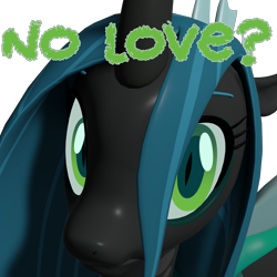 Size: 4000x4000 | Tagged: safe, artist:wissle, imported from derpibooru, queen chrysalis, changeling, 3d, absurd resolution, blender, canterlot wedding 10th anniversary, caption, crown, female, frown, jewelry, looking at you, mare, megamind, meme, no bitches?, regalia, sad, simple background, solo, text, transparent background, wings