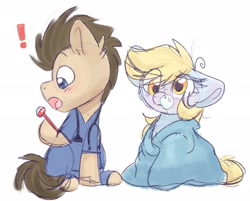 Size: 2462x1981 | Tagged: safe, artist:lbrcloud, imported from derpibooru, derpy hooves, doctor whooves, time turner, earth pony, pegasus, pony, backwards thermometer, blanket, clothes, duo, female, hoof hold, male, mare, scrubs (gear), sick, simple background, snot bubble, stallion, stethoscope, thermometer, white background