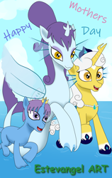 Size: 1200x1900 | Tagged: safe, artist:estevangel, imported from derpibooru, oc, oc only, pony, seapony (g4), unicorn, cloud, colored pupils, female, fin wings, fins, fish tail, horn, mare, open mouth, purple eyes, sky, smiling, tail, teeth, walking, water, white mane, wings, yellow eyes