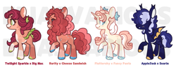 Size: 879x336 | Tagged: safe, artist:eliasvarious, imported from derpibooru, oc, oc only, bat pony, earth pony, pegasus, unicorn, base used, bat pony oc, colored hooves, earth pony oc, fangs, freckles, hair over eyes, horn, obtrusive watermark, offspring, parent:applejack, parent:big macintosh, parent:cheese sandwich, parent:fancypants, parent:fluttershy, parent:rarity, parent:soarin', parent:twilight sparkle, parents:cheesity, parents:fancyshy, parents:soarinjack, parents:twimac, pegasus oc, simple background, unicorn oc, unshorn fetlocks, watermark, white background