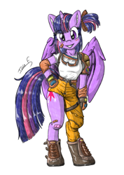 Size: 2481x3508 | Tagged: safe, artist:memprices, imported from derpibooru, twilight sparkle, alicorn, anthro, bipedal, boots, bulma, clothes, cosplay, costume, crossover, dragon ball, ear fluff, furry, goggles, high res, horn, looking at you, pencil, pencil drawing, ponytail, posing for photo, shading, shoes, signature, simple background, smiling, smiling at you, traditional art, twilight sparkle (alicorn), white background, wings