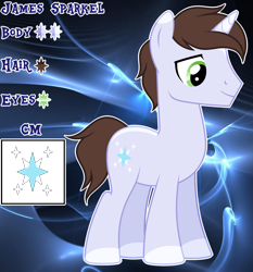 Size: 2808x3012 | Tagged: safe, artist:cindystarlight, imported from derpibooru, oc, oc only, oc:james sparkle, pony, unicorn, brown mane, brown tail, coat markings, full body, high res, hooves, horn, lidded eyes, male, reference sheet, show accurate, smiling, socks (coat markings), solo, stallion, standing, tail, unicorn oc