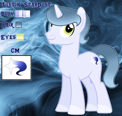 Size: 3068x2904 | Tagged: safe, artist:cindystarlight, imported from derpibooru, oc, oc only, oc:justin stardust, pony, unicorn, coat markings, full body, gradient mane, gradient tail, high res, hooves, horn, male, reference sheet, show accurate, smiling, socks (coat markings), solo, stallion, standing, tail, unicorn oc