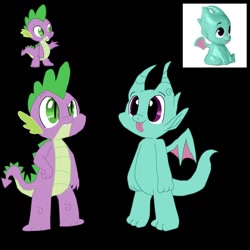 Size: 1280x1280 | Tagged: safe, artist:coolchickennuggets, imported from derpibooru, spike, dragon, spoiler:my little pony: make your mark, baby, baby dragon, black background, duo, g5, male, my little pony: make your mark, simple background, sparky sparkeroni, tongue out