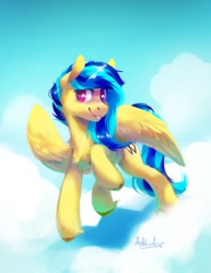 Size: 1111x1440 | Tagged: safe, artist:anticular, imported from derpibooru, oc, oc only, oc:koa, pegasus, pony, cloud, cute, female, mare, raised hoof, signature, sky, solo, spread wings, unshorn fetlocks, wings