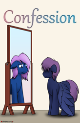 Size: 1575x2400 | Tagged: safe, artist:skydreams, imported from derpibooru, oc, oc only, oc:soft step, pegasus, pony, commission, cover art, female, floppy ears, frown, male, mare, mirror, narrowed eyes, pegasus oc, shadow, signature, stallion, standing, transgender, wings, wings down