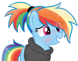 Size: 1024x806 | Tagged: safe, artist:xmelodyskyx, edit, imported from derpibooru, rainbow dash, earth pony, pony, alternate hairstyle, blushing, clothes, cute, dashabetes, earth pony rainbow dash, eye clipping through hair, female, grin, hoodie, mare, ponytail, race swap, simple background, smiling, solo, transparent background, wrong eye shape