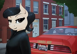 Size: 4096x2896 | Tagged: safe, artist:apocheck13, imported from derpibooru, ivy vine, oc, oc:elya, anthro, earth pony, building, car, door, looking at you, pontiac, pontiac firebird, pontiac trans am, solo, street