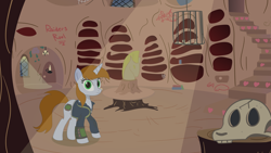 Size: 3840x2160 | Tagged: safe, artist:pearmare animation, imported from derpibooru, oc, oc only, oc:littlepip, pony, unicorn, fallout equestria, clothes, female, golden oaks library, horn, mare, raider, skull, solo, unicorn oc