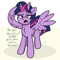 Size: 1498x1498 | Tagged: safe, artist:doodledonutart, imported from derpibooru, twilight sparkle, alicorn, bicorn, pony, chest fluff, comic, dialogue, female, full body, hooves, horn, lidded eyes, mare, multiple horns, open mouth, pointing, raised eyebrow, shadow, signature, simple background, solo, spread wings, standing, talking to viewer, twilight sparkle (alicorn), white background, wing hands, wings