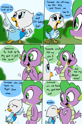 Size: 800x1214 | Tagged: safe, artist:emositecc, imported from derpibooru, spike, bird, dragon, my little pony 'n friends, spike's search, comic, cute, g1, g1 to g4, g4, generation leap, spikabetes, weston, westonbetes