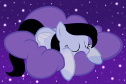 Size: 1280x862 | Tagged: safe, artist:cindystarlight, artist:equmoria, imported from derpibooru, oc, oc only, oc:lucy ghost, pegasus, pony, base used, cloud, eyes closed, female, folded wings, lying down, lying on a cloud, mare, night, on a cloud, pegasus oc, show accurate, sleeping, solo, stars, wings