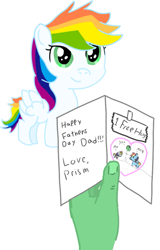 Size: 571x892 | Tagged: safe, imported from derpibooru, rainbow dash, oc, oc:anon, human, pegasus, pony, father's day, female, filly, foal, hand, male, offscreen character, offscreen human, offscreen male, parent:anon, parent:rainbow dash, simple background, white background