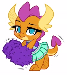 Size: 1846x2048 | Tagged: safe, artist:emberslament, imported from derpibooru, smolder, dragon, 2 4 6 greaaat, cheerleader smolder, chibi, dragoness, female, frown, looking at you, pom pom, simple background, solo, white background