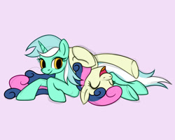 Size: 1280x1023 | Tagged: safe, artist:relisreal, imported from derpibooru, bon bon, lyra heartstrings, sweetie drops, earth pony, pony, unicorn, amused, bon bon is amused, duo, female, laughing, lesbian, lying down, lying on top of someone, lyrabon, pink background, prone, shipping, simple background