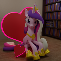 Size: 3840x3840 | Tagged: safe, artist:the luna fan, derpibooru exclusive, imported from derpibooru, princess cadance, alicorn, pony, 3d, blender, blender cycles, book, bookshelf, canterlot wedding 10th anniversary, crown, heart, jewelry, library, looking at you, pillow, regalia, sitting, smiling, solo