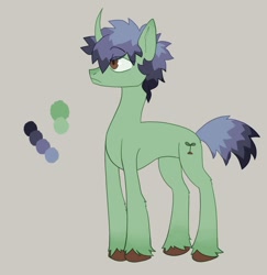 Size: 1225x1258 | Tagged: safe, artist:beetlebonez, imported from derpibooru, oc, oc only, unicorn, blue mane, brown eyes, curved horn, full body, green coat, horn, reference sheet, solo, standing