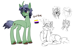 Size: 1728x1120 | Tagged: safe, artist:beetlebonez, imported from derpibooru, oc, oc only, unicorn, blue mane, book, brown eyes, curious, curved horn, doodle, excited, full body, green coat, horn, lgbt, nonbinary, simple background, solo, thinking, transparent background