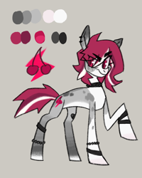 Size: 1224x1533 | Tagged: safe, artist:beetlebonez, imported from derpibooru, oc, oc only, earth pony, pony, bracelet, ear piercing, earth pony oc, gray background, gray coat, jewelry, piercing, pink eyes, pink mane, punk, reference sheet, simple background, solo