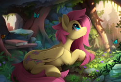 Size: 2500x1704 | Tagged: safe, artist:yakovlev-vad, imported from derpibooru, fluttershy, butterfly, pegasus, pony, book, bookmark, cute, daaaaaaaaaaaw, detailed background, female, folded wings, frog (hoof), lacrimal caruncle, looking outside, lying down, mare, nature, prone, rain, shelter, shyabetes, slim, solo, thin, underhoof, wings