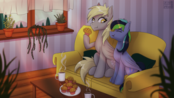 Size: 3840x2160 | Tagged: safe, artist:alicetriestodraw, imported from derpibooru, derpy hooves, oc, oc:dark derp, pegasus, pony, 4k, couch, duo, female, food, high res, mare, muffin, mug, pegasus oc, plants, sitting