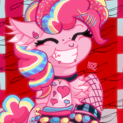 Size: 3000x3000 | Tagged: safe, artist:umbrapone, imported from derpibooru, pinkie pie, earth pony, pony, accessory, beads, checkered background, chest fluff, ear fluff, ear piercing, eyes closed, fangs, fishnets, grin, hairpin, heart, implied cupcakes, knife, lip piercing, looking at you, multicolored mane, multicolored tail, piercing, punkie pie, rawr, rawrified, scene kid, smiling, smiling at you, solo, tail