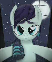 Size: 1920x2300 | Tagged: safe, artist:angryprogrockbrony, imported from derpibooru, coloratura, earth pony, pony, bedroom eyes, female, high res, imminent sex, looking at you, looking down, looking down at you, mare, moon, night, offscreen character, pov, rara, smiling, smiling at you, solo, stars, window