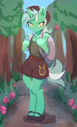 Size: 1250x2048 | Tagged: safe, artist:fajeh, imported from derpibooru, lyra heartstrings, semi-anthro, unicorn, backpack, cheek fluff, clothes, cutie mark on clothes, flower, fluffy, forest, hat, shoes, shoulder fluff, skirt, solo, tanktop