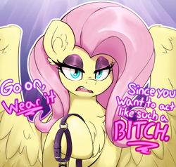 Size: 3495x3324 | Tagged: safe, artist:czu, imported from derpibooru, fluttershy, pegasus, pony, bitch, chest fluff, collar, dialogue, ear fluff, eyelashes, eyeshadow, fangs, female, flutterbitch, high res, implied pet play, leash, lidded eyes, looking at you, makeup, mare, open mouth, pet tag, solo, spread wings, talking to viewer, vulgar, wings