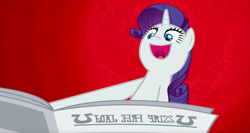 Size: 2027x1076 | Tagged: safe, edit, edited screencap, imported from derpibooru, screencap, rarity, ponyville confidential, big smile, foal free press, i'll destroy her, inverted mouth, newspaper, open mouth, red background, solo