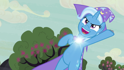 Size: 1280x720 | Tagged: safe, edit, edited screencap, imported from derpibooru, screencap, trixie, pony, unicorn, season 6, to where and back again, bipedal, brooch, cape, clothes, female, flower, glowing, hat, jewelry, light up, open mouth, rearing, shine, smoke bomb, solo, tree, trixie's brooch, trixie's cape, trixie's glowing brooch, trixie's hat, wizard hat