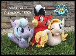 Size: 1710x1275 | Tagged: safe, artist:peruserofpieces, imported from derpibooru, oc, oc only, oc:phoenix, oc:taffy, oc:thunder, hippogriff, seapony (g4), :p, arm behind head, beak, convention, female, happy, irl, looking at you, male, mascot, one eye closed, photo, plushie, seapony oc, seaquestria fest, smiling, smiling at you, standing, tongue out, wings, wink, winking at you