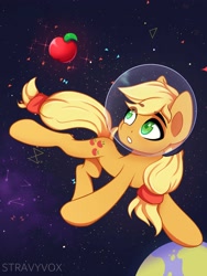 Size: 3000x4000 | Tagged: safe, artist:stravy_vox, imported from derpibooru, applejack, earth pony, pony, apple, constellation, female, food, mare, planet, solo, space, space helmet, stars, zero gravity