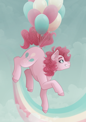 Size: 2480x3507 | Tagged: safe, artist:kikirdcz, imported from derpibooru, pinkie pie, earth pony, pony, balloon, cloud, cute, diapinkes, female, floating, grin, mare, pinkie being pinkie, rainbow, sky, smiling, solo, then watch her balloons lift her up to the sky, unshorn fetlocks