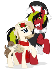 Size: 2342x3024 | Tagged: safe, artist:rioshi, artist:starshade, imported from derpibooru, oc, oc only, oc:melony sweetsong, oc:pynoka, pegasus, pony, unicorn, 2022, base used, black sclera, blue eyes, colored sclera, cute, ear fluff, ears, equine, fangs, female, finished commission, fluffy, fur, green eyes, grin, hair, happy new year, head fluff, holiday, looking at something, male, pegasus oc, red body, simple background, sitting, smiling, stallion, starry eyes, stars, tail, white background, wingding eyes, wings