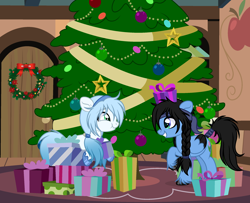 Size: 2500x2028 | Tagged: safe, artist:dianamur, artist:rioshi, artist:starshade, imported from derpibooru, oc, oc only, oc:pearl wind, oc:siana floral, pegasus, pony, 2022, base used, blue eyes, braid, christmas, christmas tree, christmas wreath, cute, ears, equine, fangs, female, fluffy, fur, green eyes, grin, hair, happy new year, head fluff, holiday, looking at something, male, pegasus oc, present, scrunchy face, sitting, smiling, tail, tail wrap, tree, unshorn fetlocks, wings, wreath