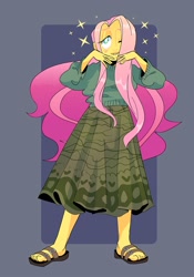 Size: 1051x1500 | Tagged: safe, artist:stevetwisp, imported from derpibooru, fluttershy, human, clothes, feet, hair over one eye, humanized, long skirt, one eye closed, open-toed shoes, pony coloring, sandals, skirt, solo, sparkles, sweater, toes, white pupils