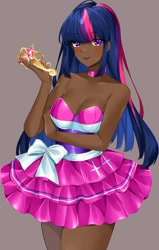 Size: 1304x2048 | Tagged: safe, artist:mayavtuber, imported from derpibooru, twilight sparkle, human, equestria girls, bare shoulders, beautiful, big crown thingy, bow, choker, clothes, crown, dark skin, dress, element of magic, female, humanized, jewelry, looking at you, regalia, simple background, sleeveless, smiling, solo, strapless, stupid sexy twilight